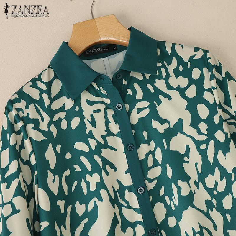 ZANZEA Women Casual Turn Down Collar Loose 3/4 Sleeve Retro Print Long Dress