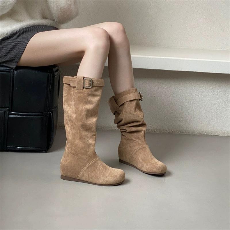 ALIGUIFEI Super Retreat~ Lazy Casual Pile Boots Suede Round Head Folded Skinny Boots Medium Boots Women 35