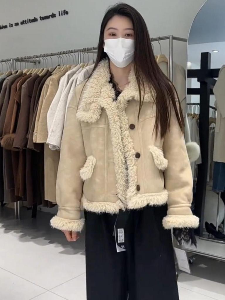 Women's 2024 Winter Shearling Lambswool Jacket, Small Size, Thick Suede Top