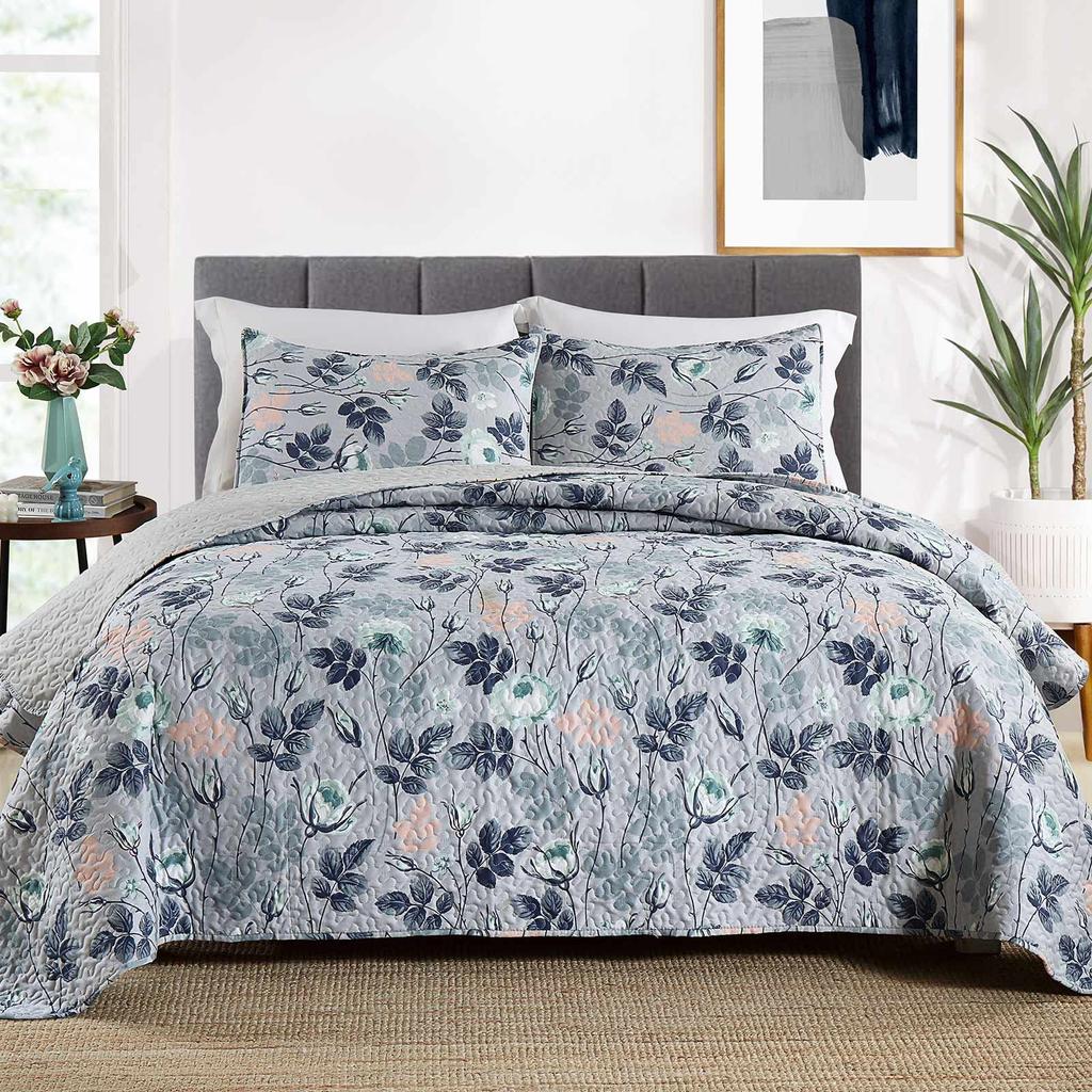 Texstead 3 Pieces Patchwork Gray All Season Bedspreads, Ultra Soft Floral Coverlet Bedding Set with Printed Pattern