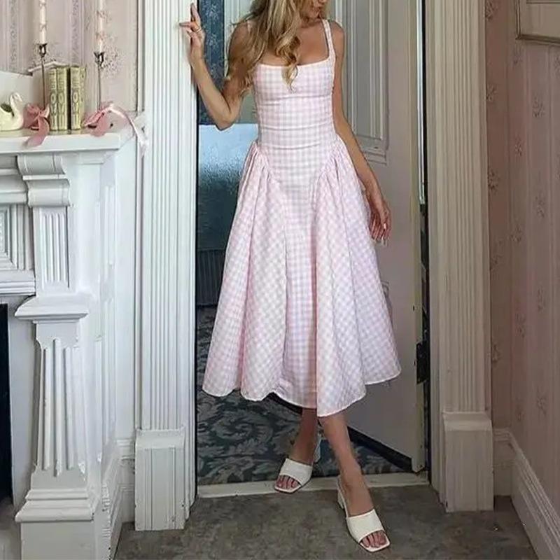Avrupa ve Amerikan kadın giysileri, yeni bahar modelleri, Fransız retro kare yakalı baskılı askılı elbise