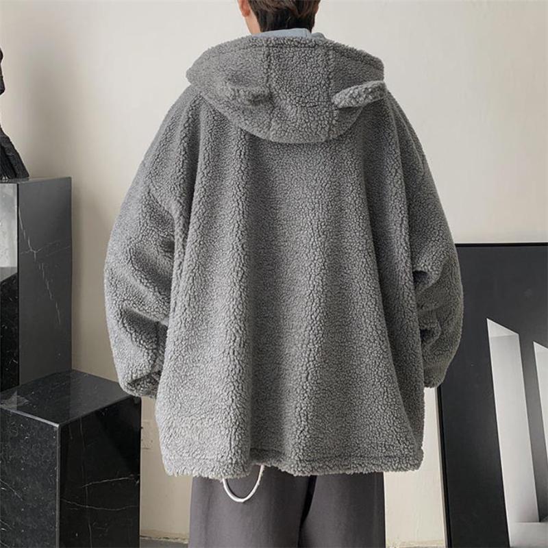 Men's Fall and Winter Thickened Plush Jacket Warm Hooded Top Soft Loose Jacket  Outdoor Windproof Warm Top Loose Coat