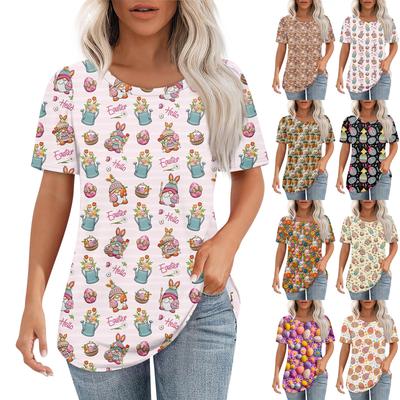 T Shirts For Women Pleated Round Neck Dressy Casual Blouses Printing Short Sleeve Summer Tops Loose Fit