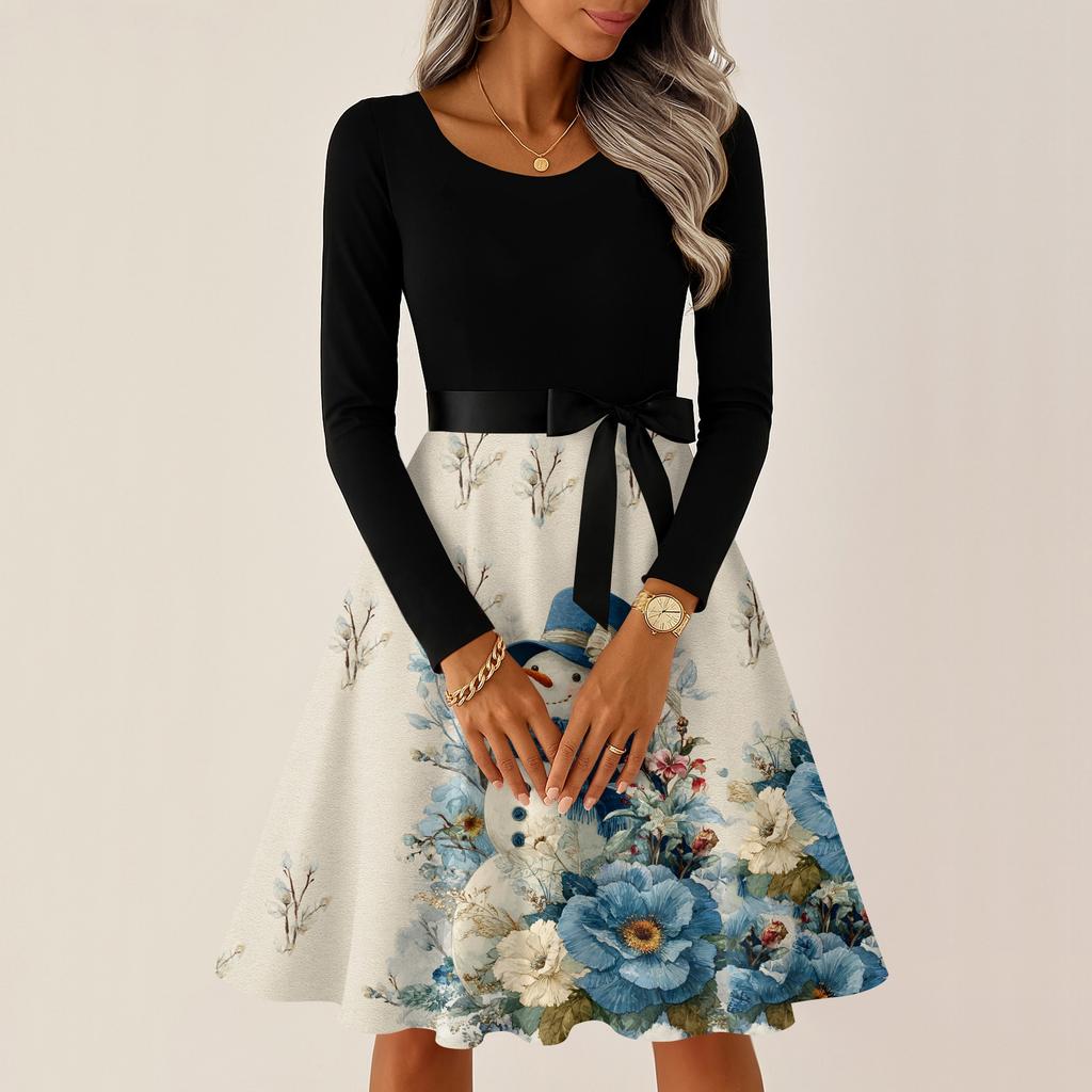 Women's Casual Fashion Round Neck Long Sleeve Christmas Printed Party Vintage Long Dresses