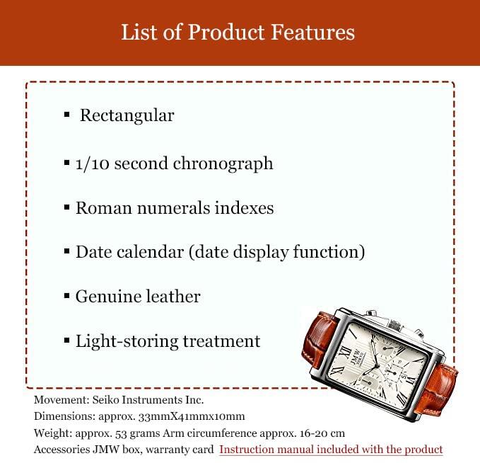 Square White Silver Square Rectangular Limited Seiko Quartz Leather Genuine Day Present To 300 Pieces JMW TOKYOMen's Watch, & Brown, Chronograph,