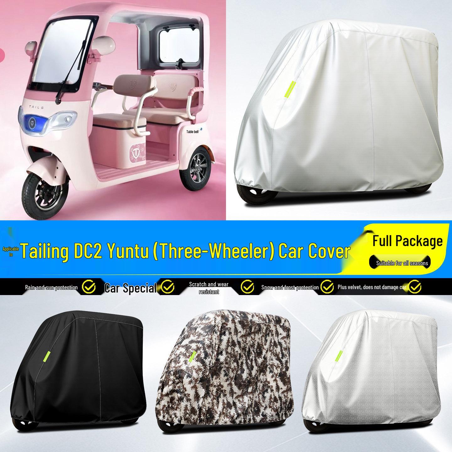 DC2 Yuntu Electric Tricycle Sun & Rain Cover with Decorative Accessories Full Cover Tricycle Coat - Oxford Black