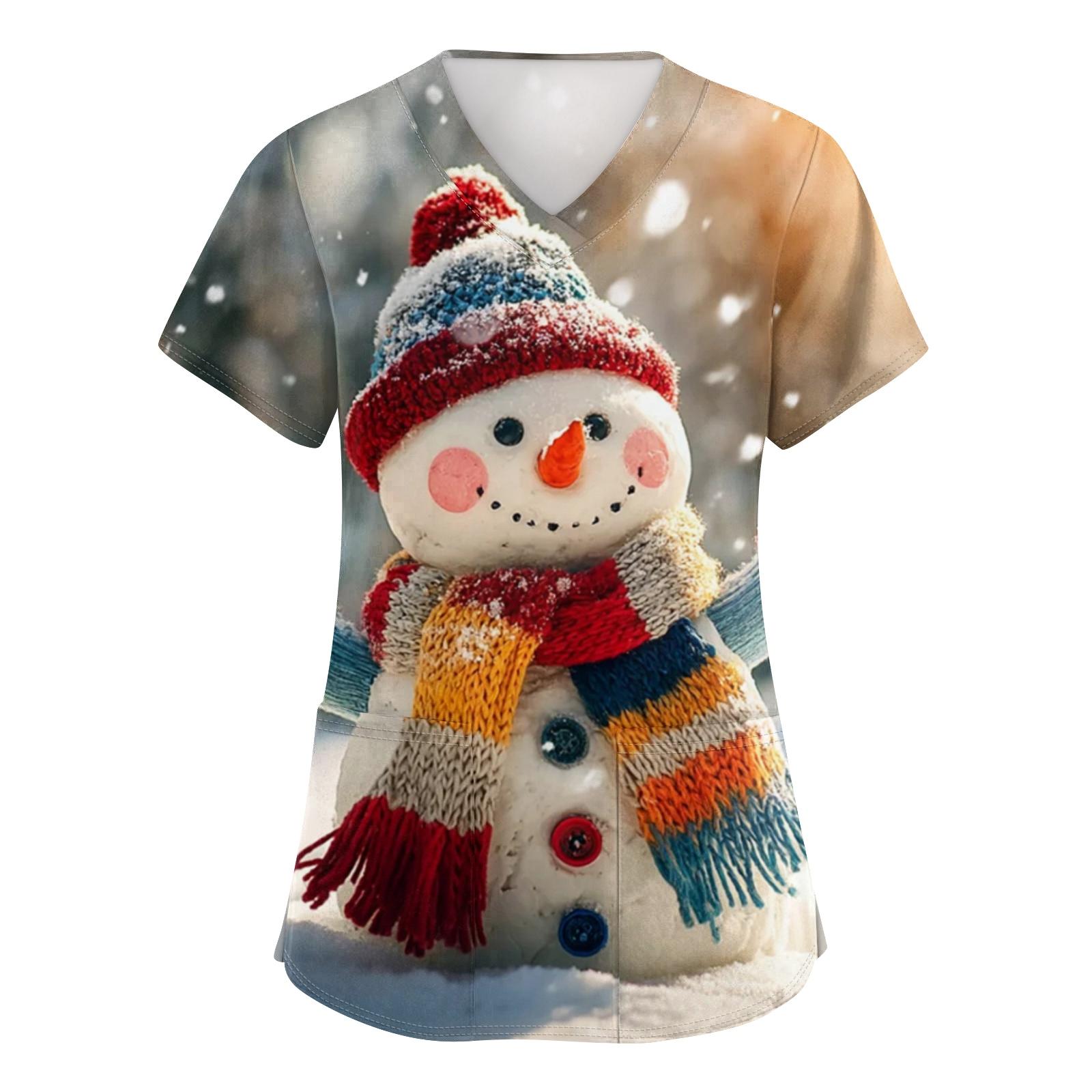 

Women s V-neck Christmas printed short-sleeved pocket side-slit protective suit top XXXL оранжевый