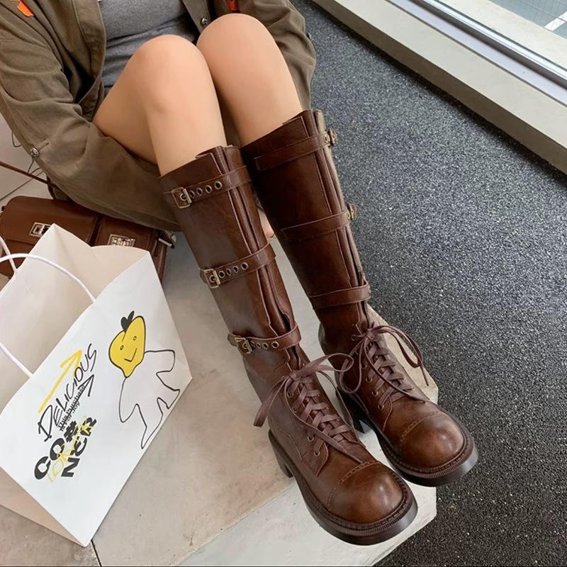 CowhideMaillard Strap Tall Knight Boots Women's Autumn and Winter Leather Retro Belt Buckle Boots