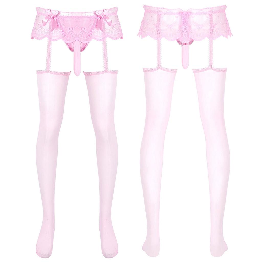 Dresuri transparente din dantelă pentru bărbați, fustă decupată, buzunar bombat, string, jartiere lucioase, lenjerie de noapte sissy