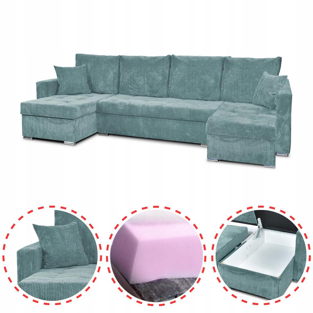 Bonito BIG Corner Sofa Bed Family Meble Corduroy Green