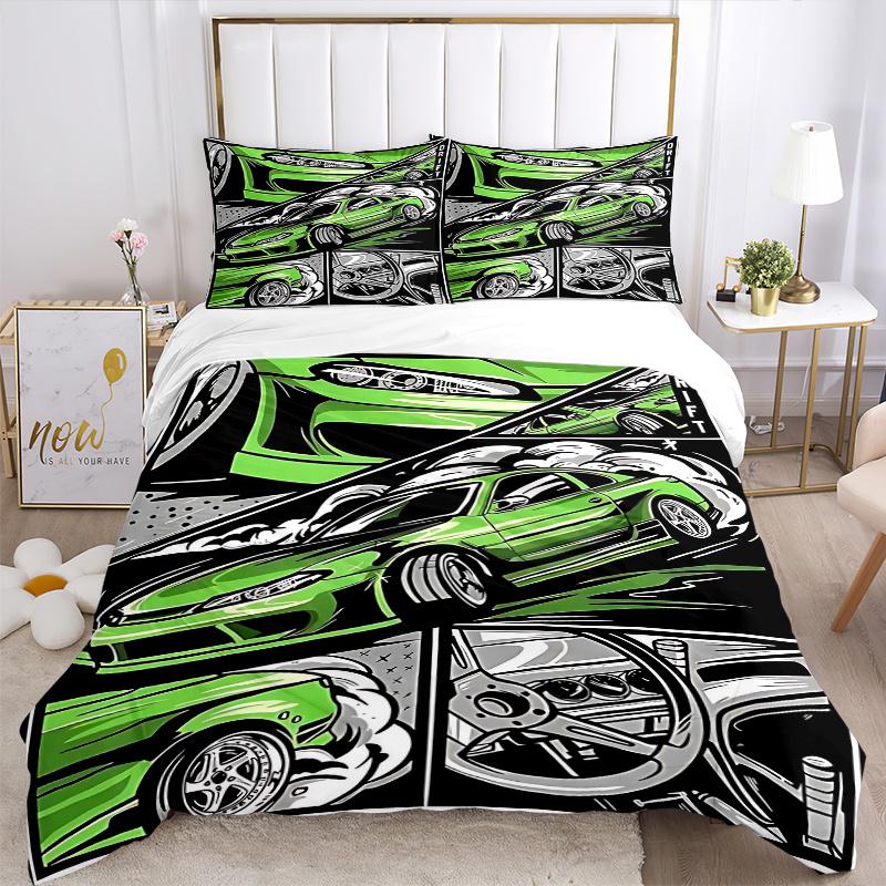 3pcs Drift Car Anime Cartoon Design Comforter Set with One Quilt Cover and Two Pillowcases (No Core) - Home Decor, Festival Gift, Polyester Fabric, Su