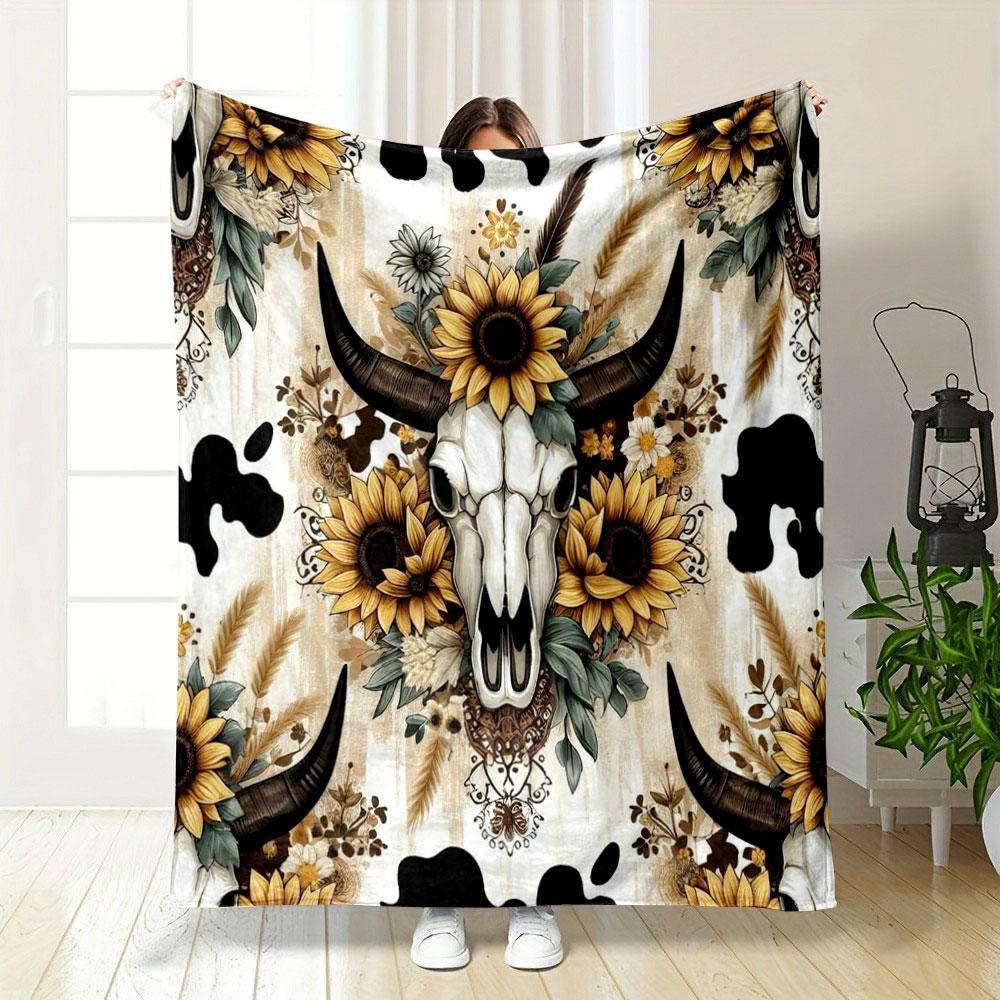 Boho Cow Skull Sunflower Blanket Bedroom Blanket for Livingroom Couch Lunch Break Soft Throw for Friend's Festival Gift
