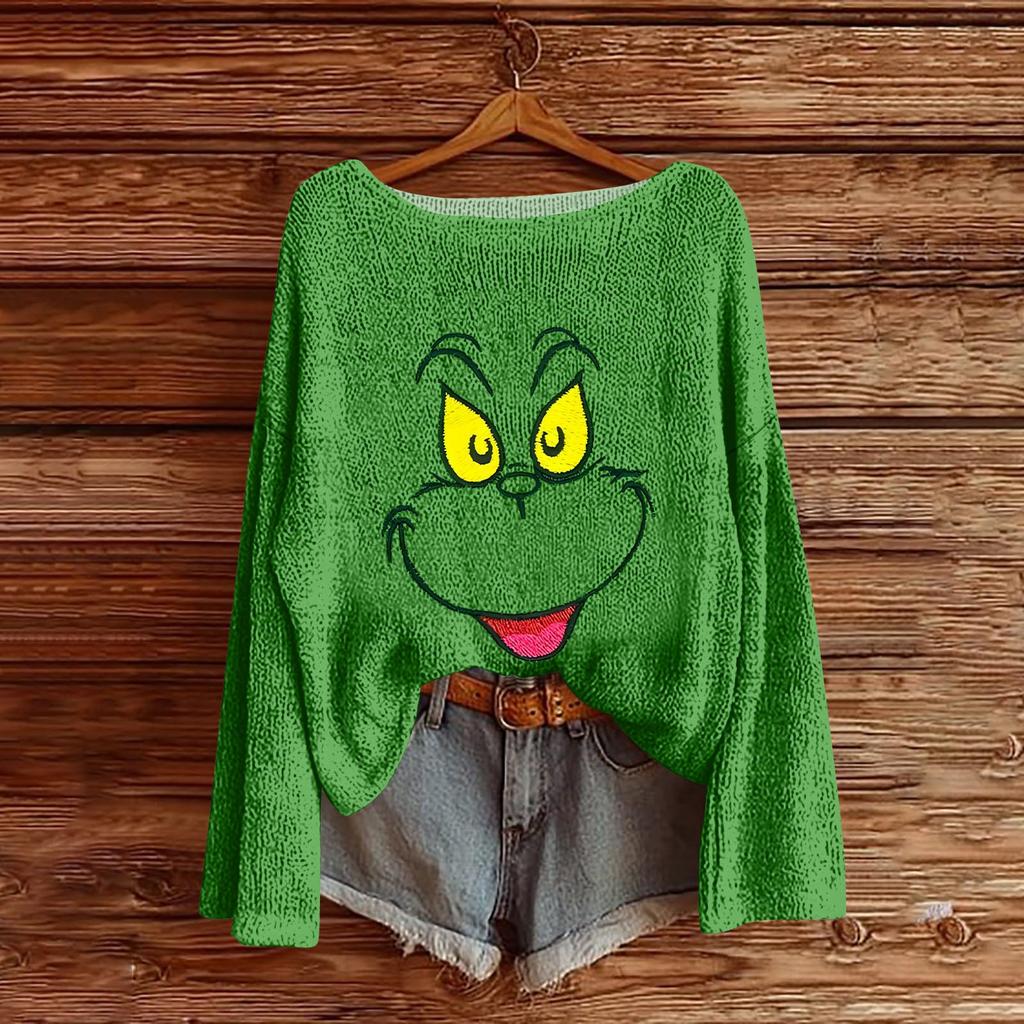 Women's Round Neck Lightweight Sweater Casual Long Sleeve Christmas Print Knit Pullover.