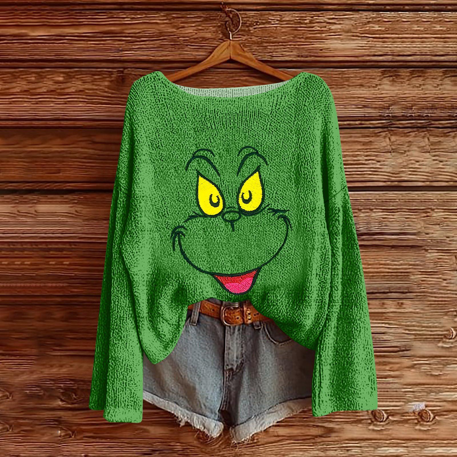 

Женский легкий свитер с круглым вырезом, повседневный вязаный пуловер с длинным рукавом и рождественским принтом. XXL зелёный