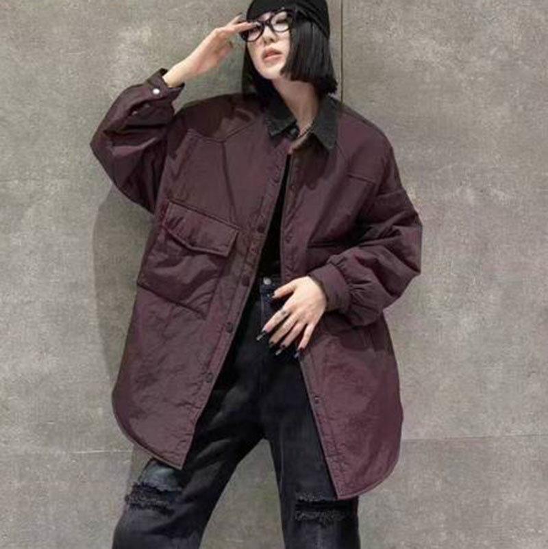 

Thin and light padded jacket women s 2025 autumn and winter new loose design splicing cotton-padded jacket shirt jacket XL червоний