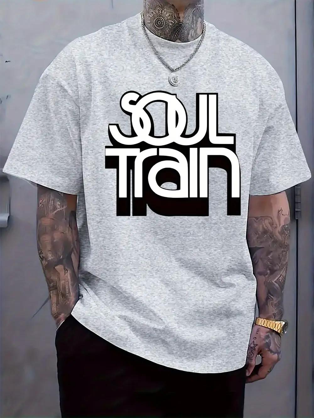 

SOUL TRAIN Graphic Print Crew Neck Short Sleeve T-shirt - Light Gray Casual Summer Tee with Bold Black Lettering M