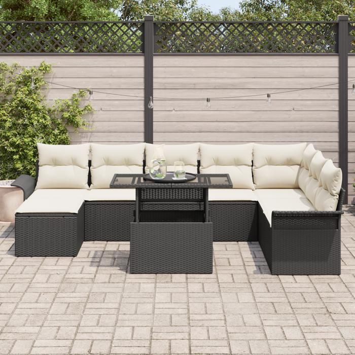 VidaXL Ensemble de Canapés de Jardin 9 Pièces avec Coussins Noir Rotin Poly 3348333