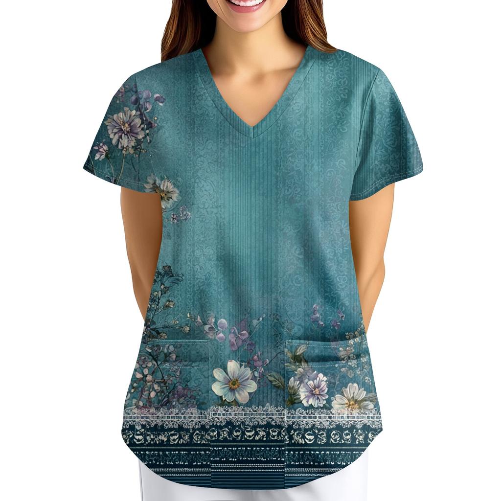 Plus SizePrinted Scrub Working Uniform Tops For Women's Cross V-Neck Print Short Sleeve Fun T-Shirts Workwear Tee With Pockets