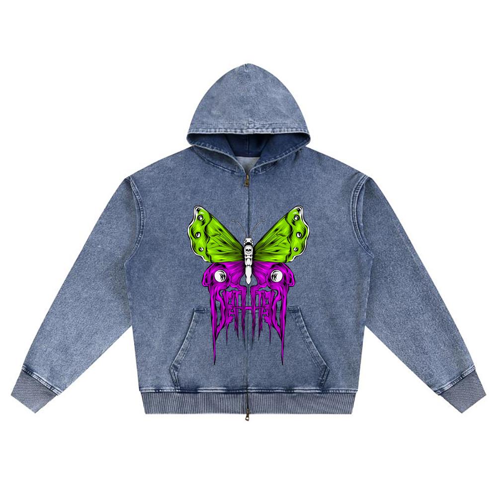 DTG-Druck Gestrickter Denim Reißverschluss Hoodie Schmetterling_Tod Bruder Print Reißverschluss Hoodies