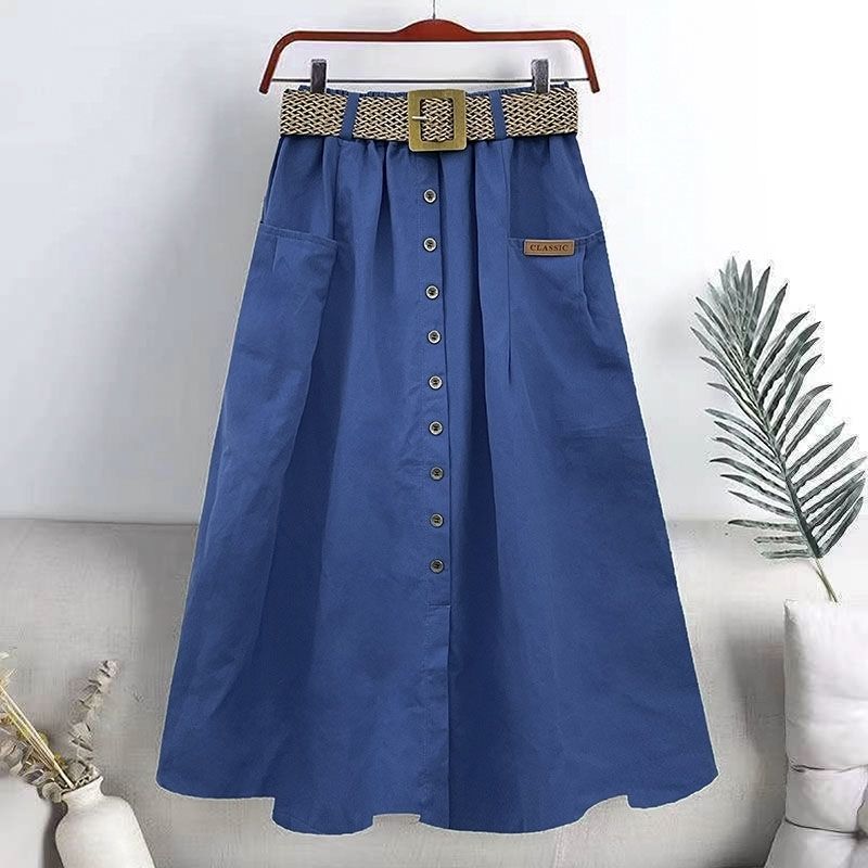 Women's Cotton Skirt Spring Summer Elasticated High-rise Skirt Split Midi A-line Skirt with Belt Pockets
