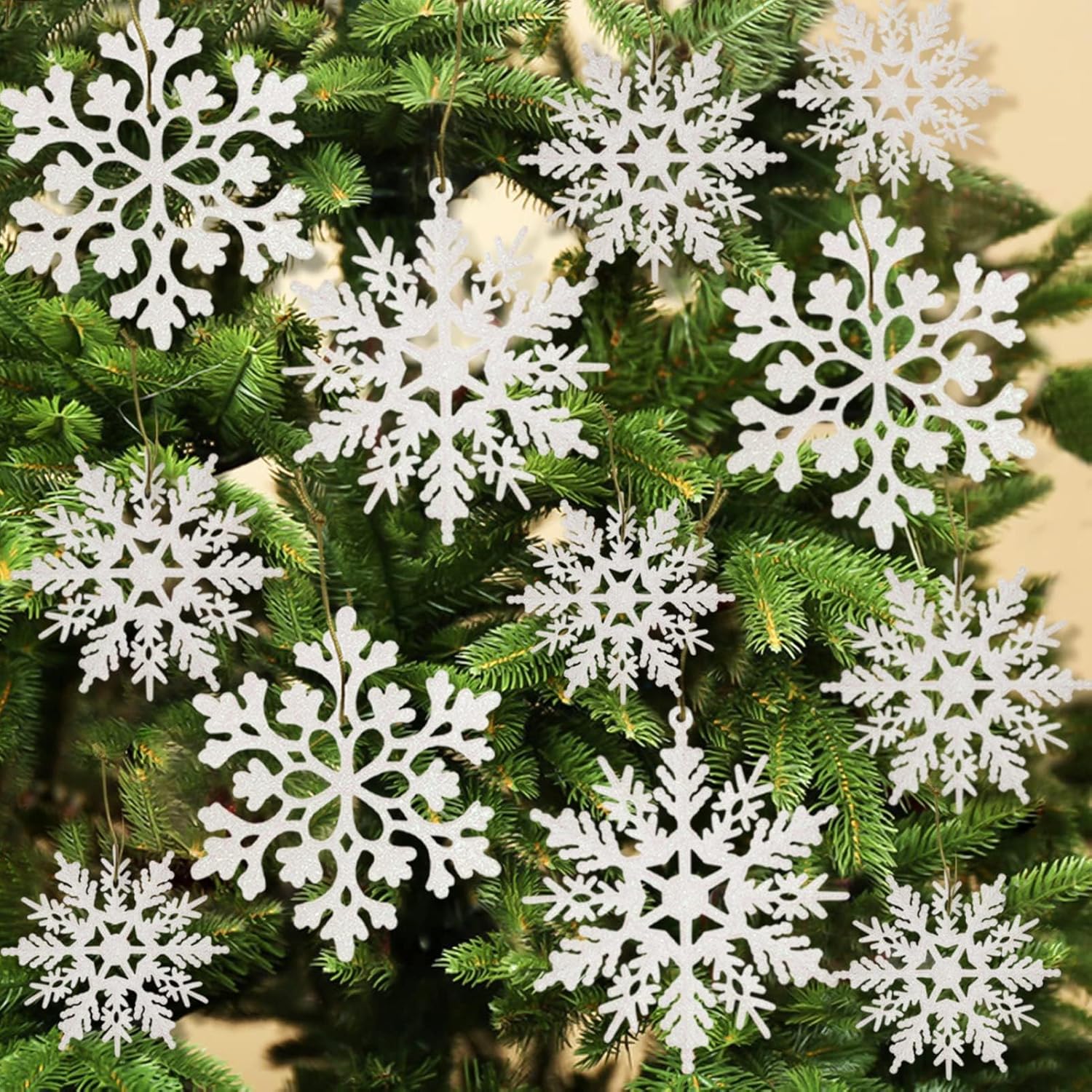 

36pcs Snowflakes-Christmas Tree Decorations, Snowflake Ornaments for Tree, Plastic Glitter White Snow Flakes Ornaments