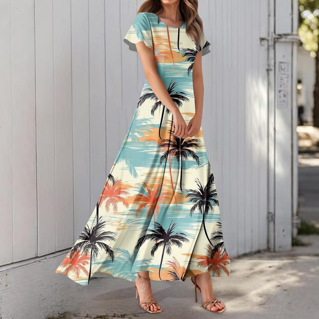 Damenkleid mit Hawaii-Print, lässig, Rundhalsausschnitt, kurzärmelig, hohe Taille