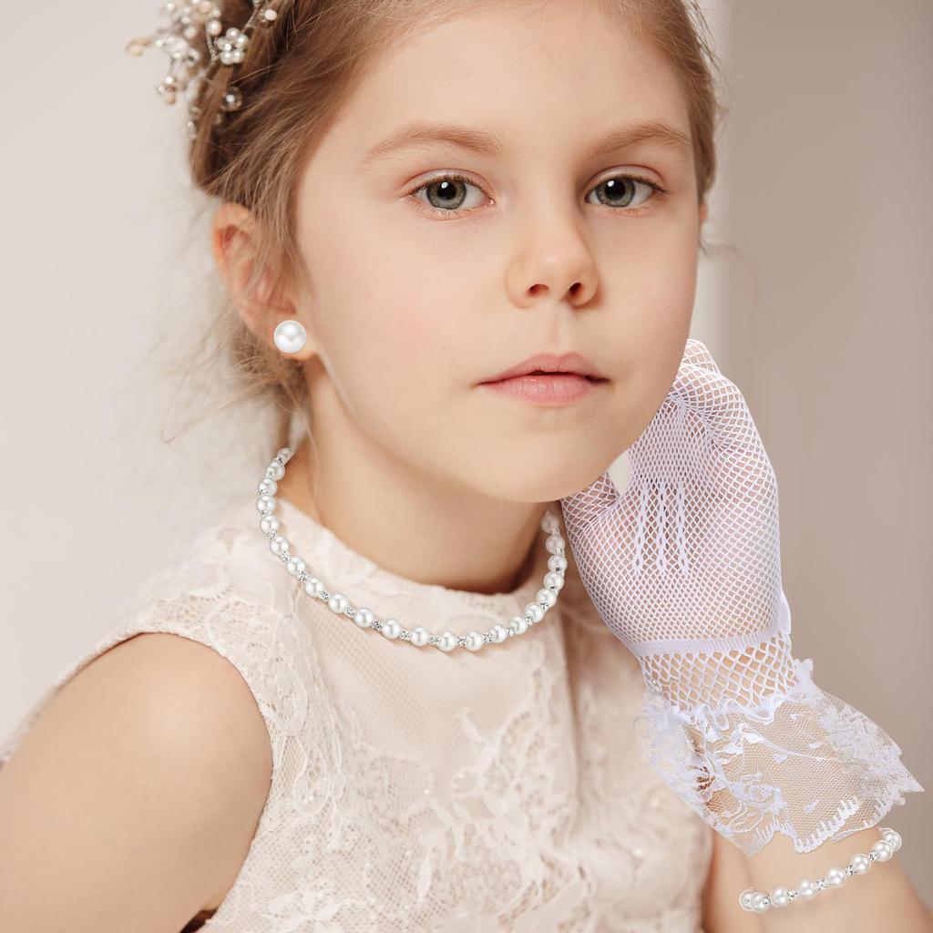 Four - Piece Children's Pearl Necklace Set with Lace Gloves and Crystal Pendant for Banquet