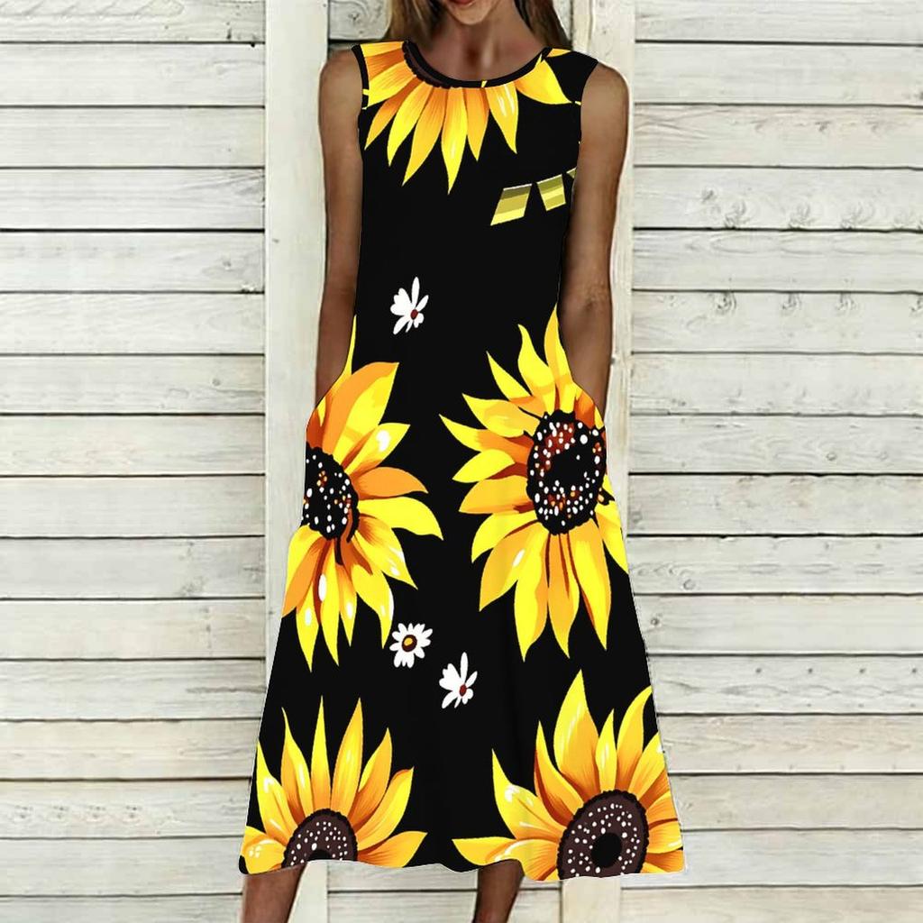 Plus Size Women Sleeveless Crew Neck Dress Fresh Mini Bouquet Flowy Mid Calf Dress