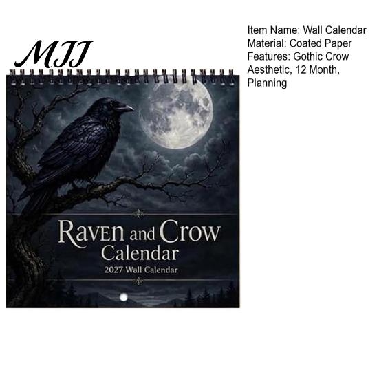 Desktop And Wall Organizer Raven Crow 2027 Calendar, 12 Months Moonlit Gothic Unique Gift for Goth Lovers Art, Mysterious Dark Hanging Calendar
