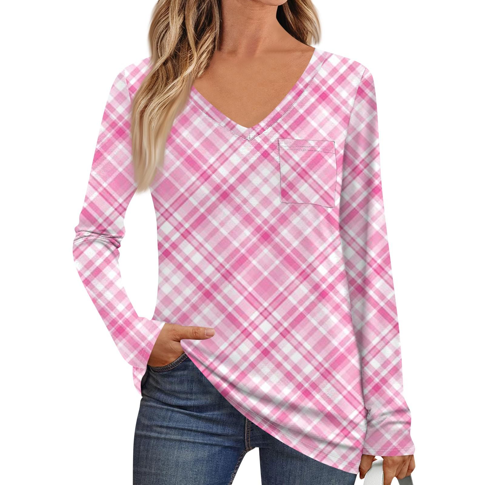 

Женская мода с длинным рукавом, V-образным вырезом, пуловер, напечатанная футболка, топ с карманом S розовый