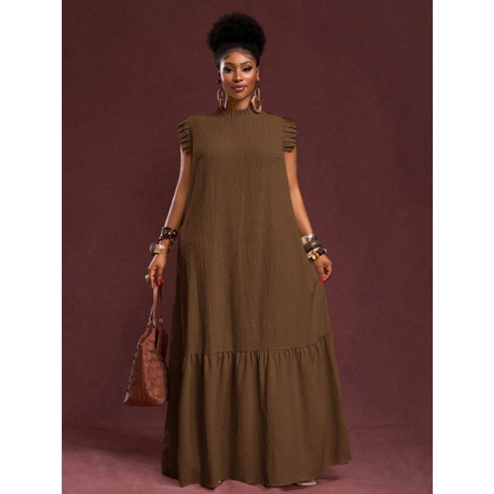 Women s Mock Neck Sleeveless Ruffle Hem Maxi Dress Solid Color Loose Casual Long Dress S