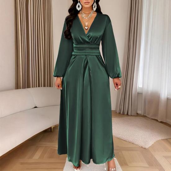 Women Summer Satin V-Neck Dress Elegant Long Gown with Puff Sleeves & Cinched Waist