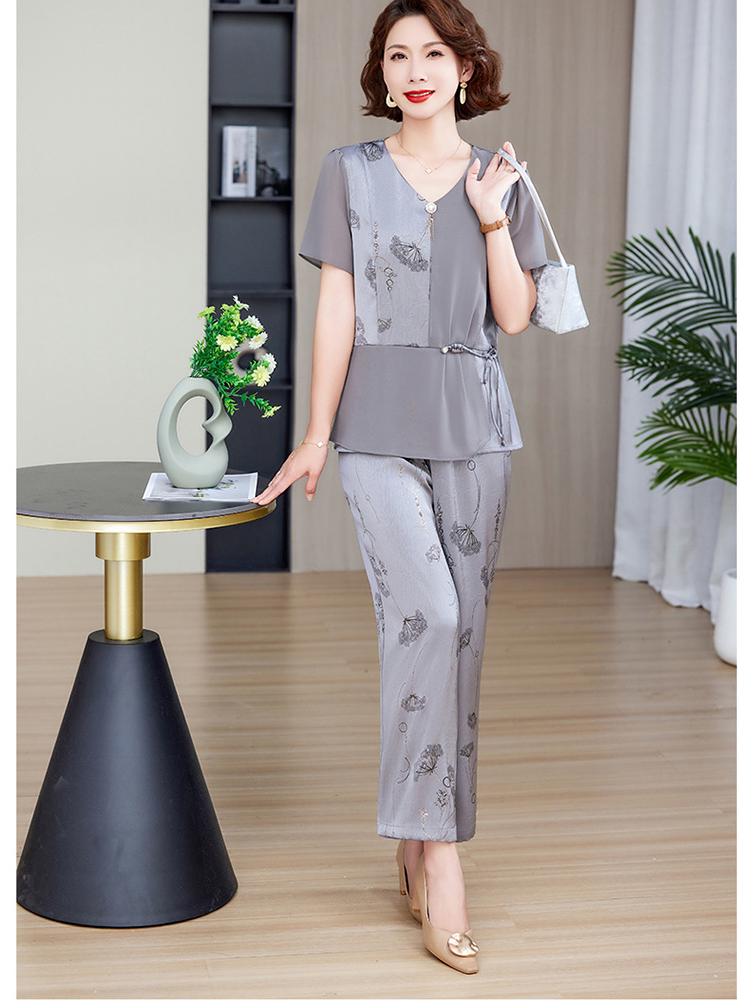 Elegante conjunto de verano de chifón de dos piezas para mamá – Manga corta, talla grande, para mujeres de mediana edad y mayores.
