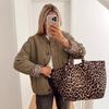 Women Quilted Jacket Leopard Print Cuff Stand Collar Button Front Pocket Casual Loose Fit Outerwear