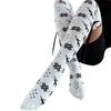 Women Christmas Snowflake Knitted Thigh High Stockings with Ribbon Bows Festival Over Knee Long Boot Socks Leg Warmers