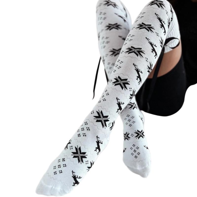 

Women Christmas Snowflake Knitted Thigh High Stockings with Ribbon Bows Festival Over Knee Long Boot Socks Leg Warmers чорний/білий