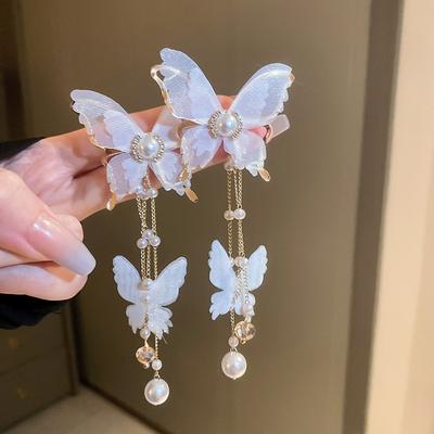 2 Boucles d'oreilles tendance papillon perle à longue pampille pour femme, pour voyage en extérieur, carnaval, banquet, fête, vacances, cadeau d'habillage-5392