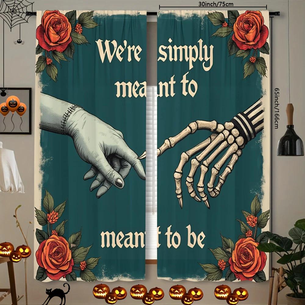 

Set Of 2 Halloween Skeleton Gothic Rose Sign Language Printed Curtains Pole Bag Home Decorations Room Made Polyester W100*H70(CM)-Hooks&2PCS