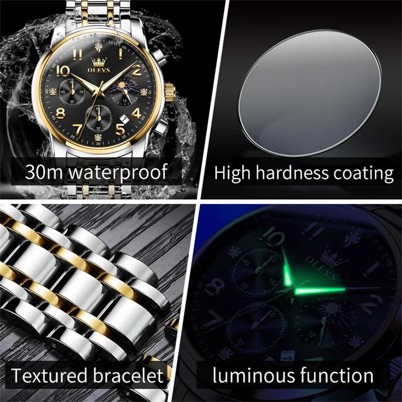 Multifunktions-Quarzuhr für Herren Edelstahl Wasserdicht Leuchtend Chronograph Mondphase Herrenuhr Neu