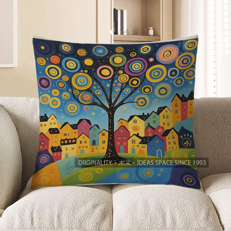 Home Decor Colorful Tree And Cityscape Patterned Pillow Pattern Cushion Cover Suitable For Sofa Bedroom Car Pillow Cover 40x40cm