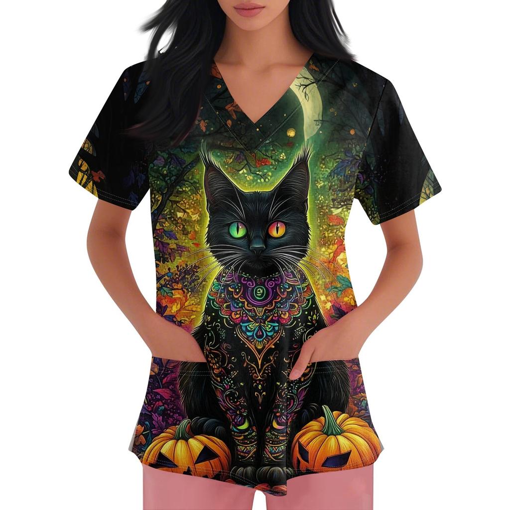 Women's V-neck Halloween Printed Short-sleeved Pocket Side-slit Protective Suit Top