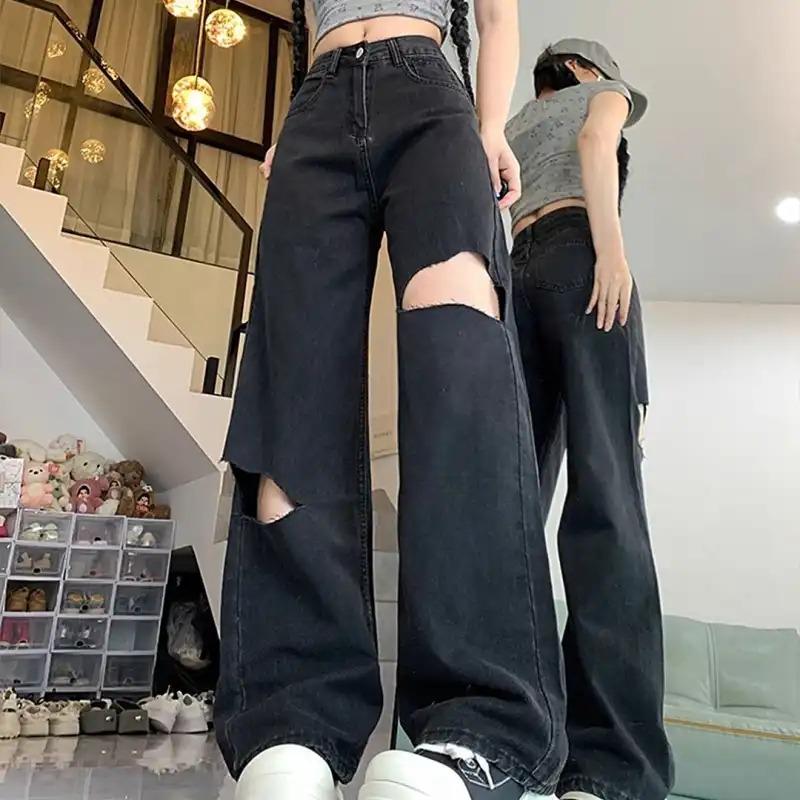 Women New Black Ripped High Waist Jeans Wide Leg Straight Loose Floor Length Thin Summer Fashion Design Denim Pants
