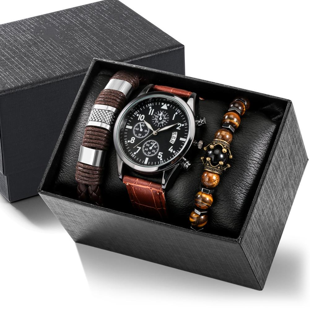 Men's Canvas Quartz Watch & PU Bracelet Set with Single Calendar & Faux Three-Eye Design