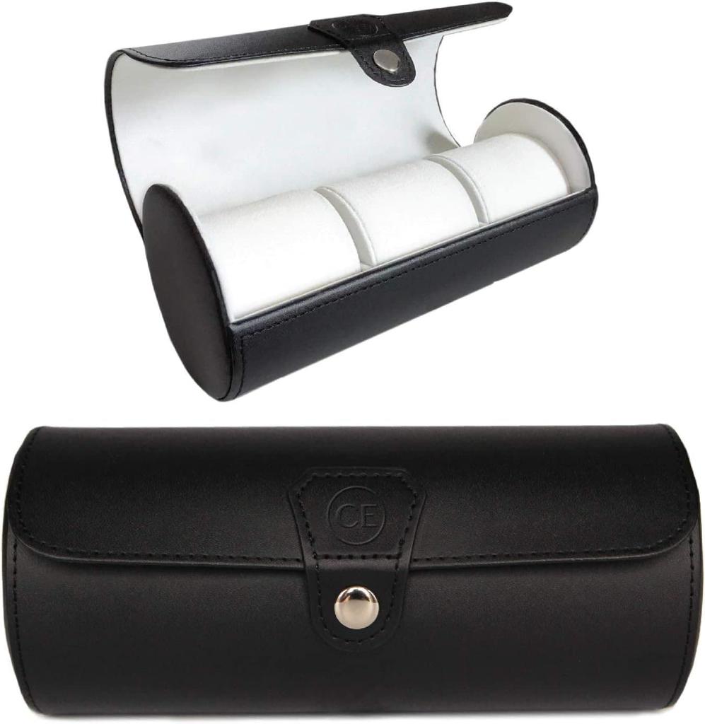 Case Elegance Wrap-around Watch Case, Faux Leather Watch Case, Portable Storage Box (Black, 3 Slots)