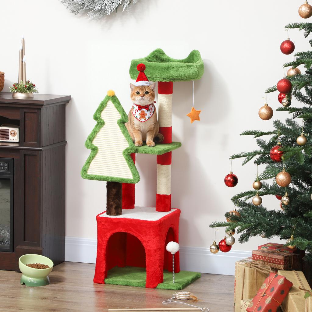 Christmas Cat Tree, 120cm Cat Tower with Scratching Post & Board, Platform, Toys, Green