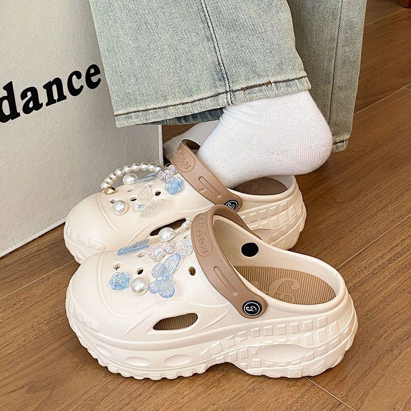 New Beach Removable Thick Bottom Hole Shoes Women's Non-slip Butterfly Outside Wear Heightening EVA Baotou Slippers