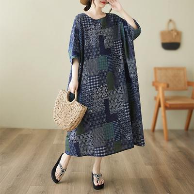 Summer New Cotton and Linen Large Size Literary and Loose Leisure Ethnic Style Round Neck Short-sleeved Dress Women's Clothing