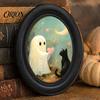 Dekorativer Holzrahmen für Zuhause Halloween Gotisch Oval Hängendes Schild, Vintage Schwarze Katze Geist Wand Wasserdicht Holz Deko Schild, Retro Kunst Eingangsbereich