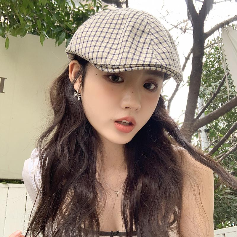 Retro Plaid Forward Hat Showing the Face Small Painter Hat Thin Breathable Literary and Versatile Beret Newsboy Hat Female