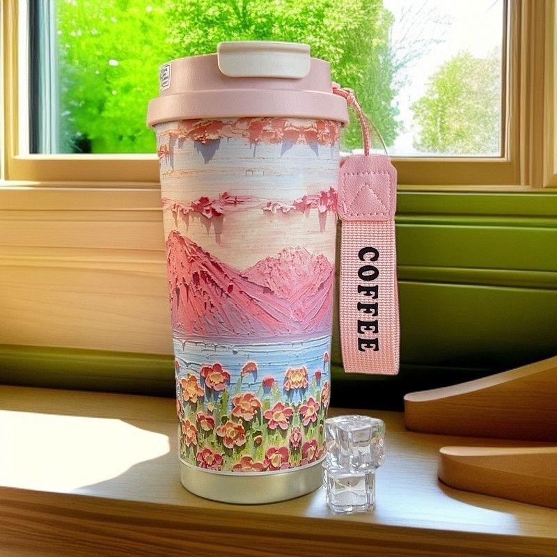 Flowers Garden Travel Coffee Tumblers Ceramic Inner Liner Tumbler Stainless Steel Cup with Lid & Straw Coffee Mug Holiday Gifts